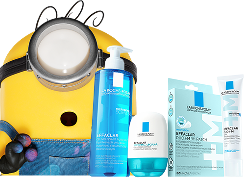 Zdziwiony minionek z czterema produktami La Roche Posay obok.